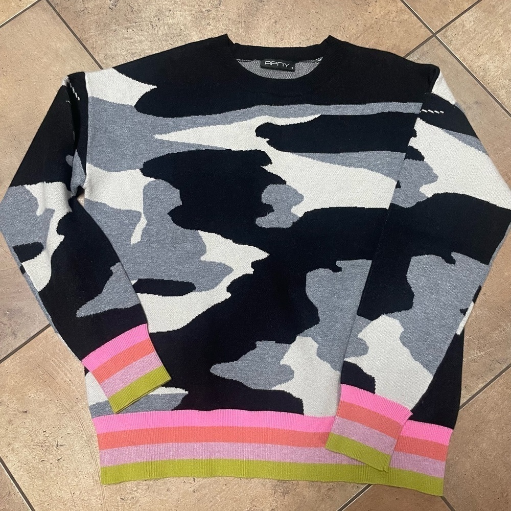 APNY Camo crewneck pink green rainbow stripe sweater soft comfy sz S